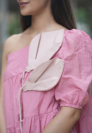 Embellished Cotton Tiered Dress in Pink