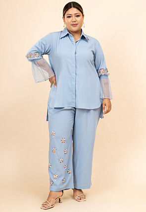Embellished Crepe Asymmetric Top Set in Sky Blue