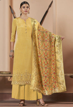 Embellished Crepe Pakistani Suit in Mustard