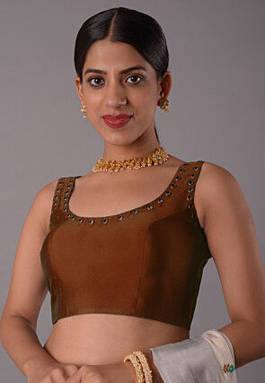 Embellished Crepe Princess Cut Blouse in Dark Brown
