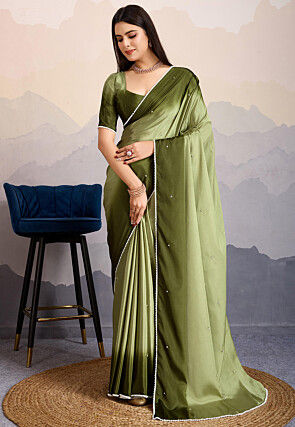 Embellished Crepe Saree in Olive Green