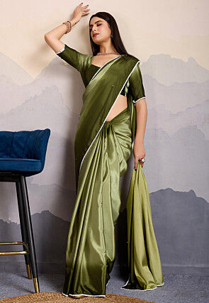 Embellished Crepe Saree in Olive Green
