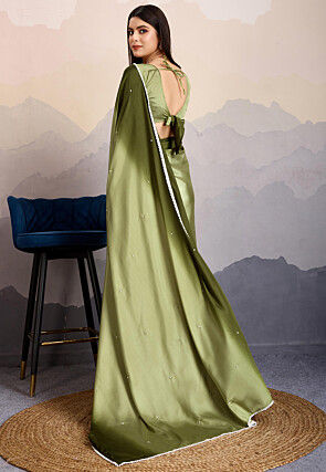 Embellished Crepe Saree in Olive Green