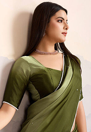 Embellished Crepe Saree in Olive Green