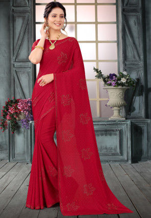 Embellished Crepe Saree in Red