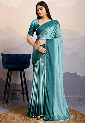 Embellished Crepe Saree in Teal Blue