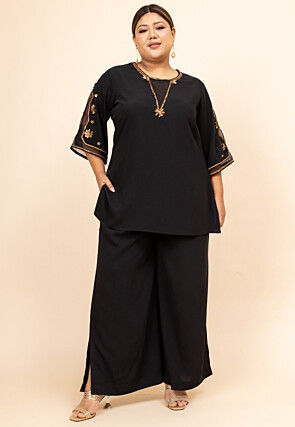 Embellished Crepe Top Set in Black