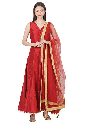 Embellished Dupion Silk Abaya Style Suit in Red
