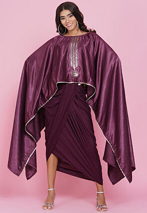Embellished Dupion Silk Cape Style Top Set in Violet