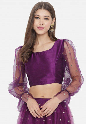 Embellished Dupion Silk Crop Top in Purple
