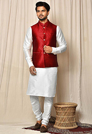 Embellished Dupion Silk Jacket Kurta Set in White