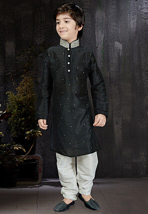 Embellished Dupion Silk Kurta Set in Black