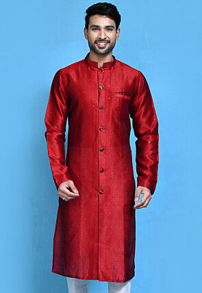 Embellished Dupion Silk Sherwani in Maroon