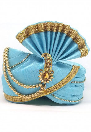 Embellished Dupion Silk Turban in Sky Blue