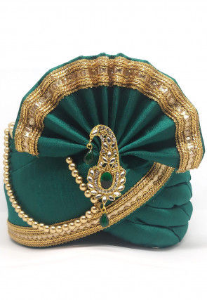 Embellished Dupion Silk Turban in Teal Green