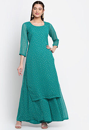 Embellished Georgette Straight Kurta Set in Teal Green