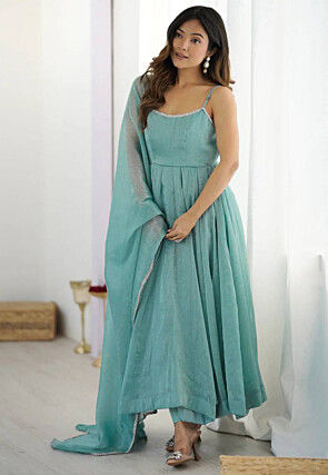 Embellished Georgette A Line Suit in Light Blue