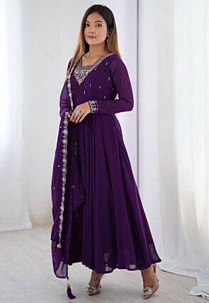 Embellished Georgette Abaya Style Suit in Purple