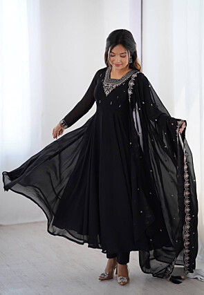 Embellished Georgette Abaya Style Suit in Black