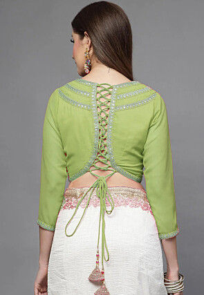 Embellished Georgette Back Tie Up Blouse in Light Green