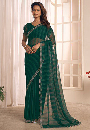 Embellished Georgette Brasso Scalloped Saree in Dark Green