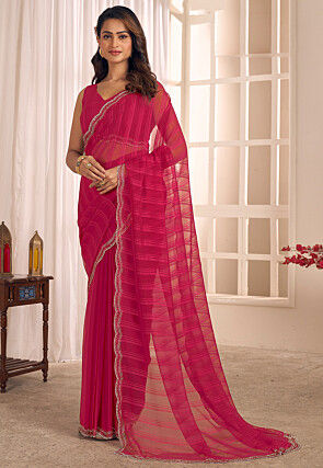 Embellished Georgette Brasso Scalloped Saree in Fuchsia