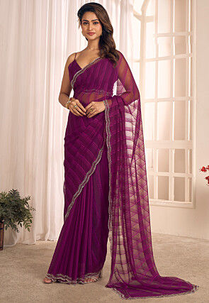 Embellished Georgette Brasso Scalloped Saree in Purple