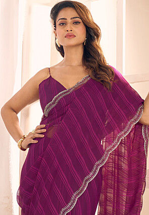 Embellished Georgette Brasso Scalloped Saree in Purple