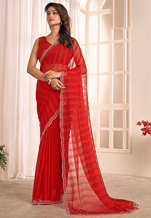 Embellished Georgette Brasso Scalloped Saree in Red