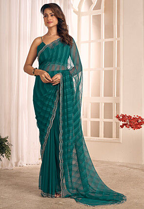 Embellished Georgette Brasso Scalloped Saree in Teal Green