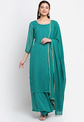 Brocade Pakistani Suit in Dark Green : KNV382