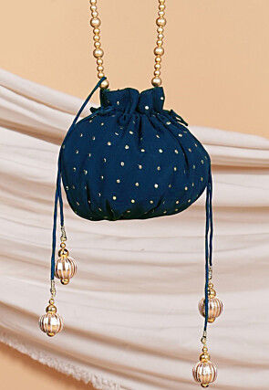 Embellished Georgette Potli Bag in Teal Blue