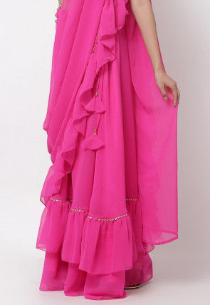 Embellished Georgette Ruffled Skirt with Attached Dupatta in Fuchsia