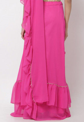 Embellished Georgette Ruffled Skirt with Attached Dupatta in Fuchsia