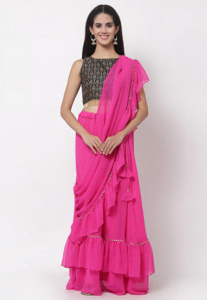 Embellished Georgette Ruffled Skirt with Attached Dupatta in Fuchsia