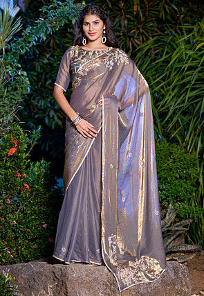 Embellished Georgette Shimmer Saree in Grey