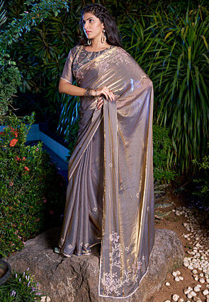 Embellished Georgette Shimmer Saree in Grey