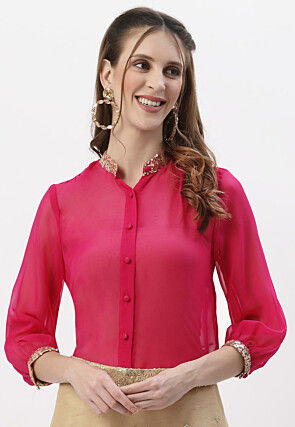 Embellished Georgette Shirt in Fuchsia