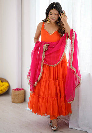 Embellished Georgette Tiered A Line Suit in Orange