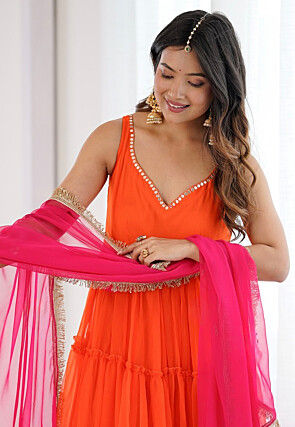 Embellished Georgette Tiered A Line Suit in Orange