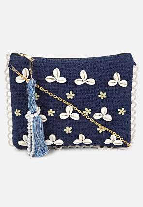 Embellished Jute Sling Bag in Navy Blue