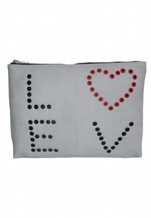 Embellished Leather Pouch in Light Grey