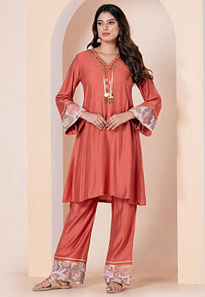 Embellished Linen Silk Kurta Set in Peach
