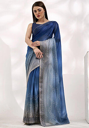 Embellished Lycra (Elastane) Saree in Blue Ombre