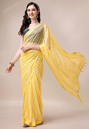 Buy Lemon Yellow Linen Saree online-Karagiri