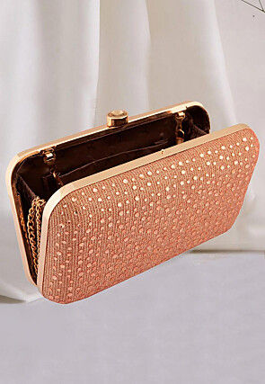 Embellished Lycra Net Rectangular Clutch Bag in Rose Gold
