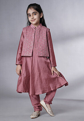 Embellished Muslin Silk A Line Suit in Old Rose
