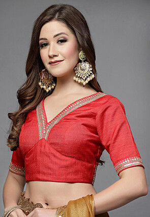 Embellished Neckline Art Silk Back Cut Out Blouse in Red