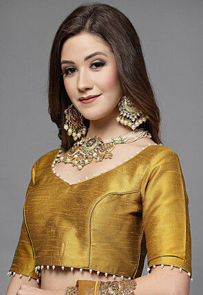 Embellished Neckline Art Silk Blouse in Mustard