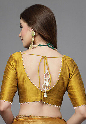 Embellished Neckline Art Silk Blouse in Mustard
